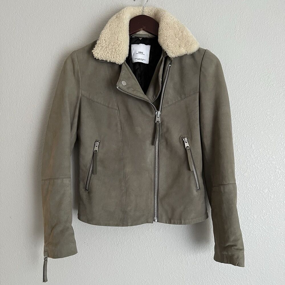 Mango Grey Taupe Real Leather Jacket Lambskin Collar fur Jacket XS